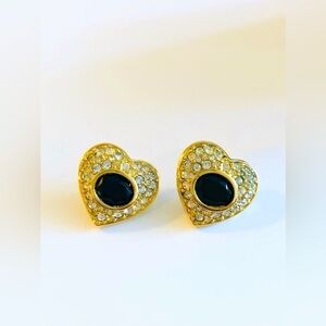 Vintage SAL Swarovski Black & Clear Heart Earrings post / pierced ears